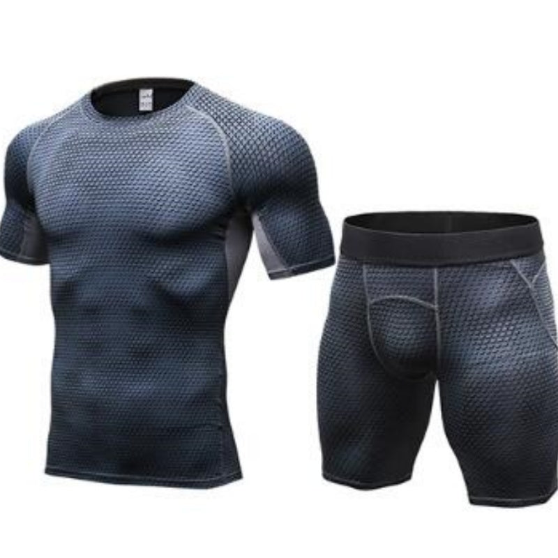 Blue compression gym shorts with mesh texture and built-in liner