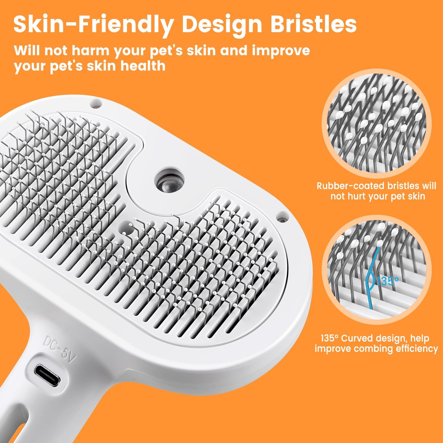 Close-up of white pet steam brush bristle bed with rubber-coated pins on the head