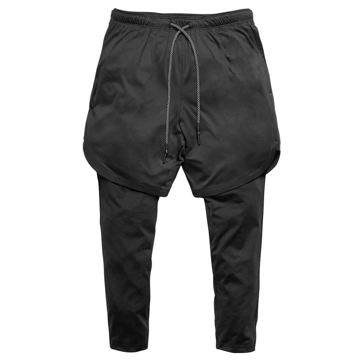Men's double-layer running shorts in black: black outer short layer and black long underlayer