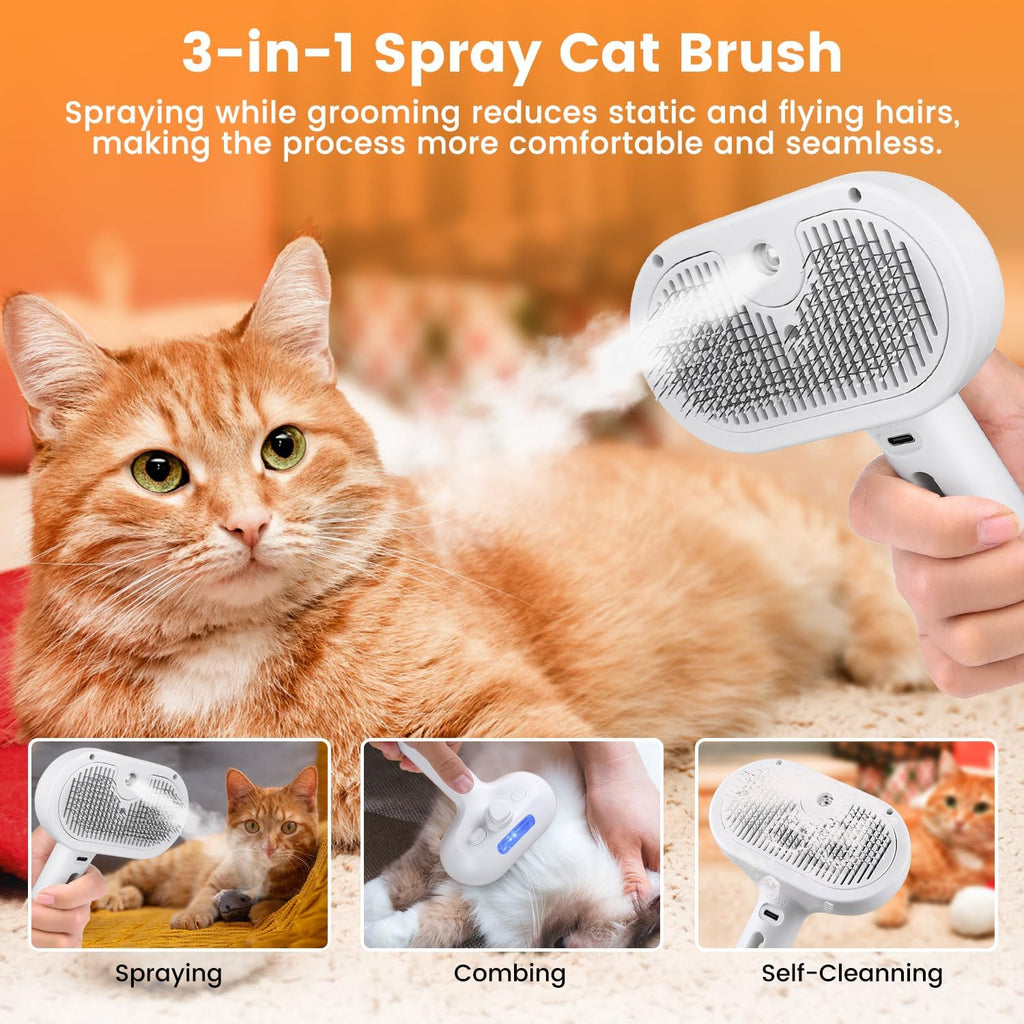 White 3-in-1 spray grooming brush applying to an orange cat with bristle head