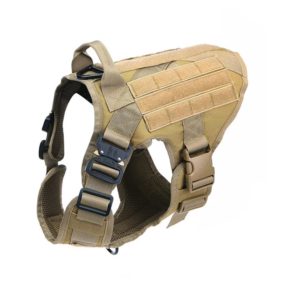Camouflage tactical dog harness with tan/olive webbing, padded chest panel and buckles