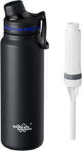 Black 32oz filtered water bottle with removable filter cartridge, stainless steel body