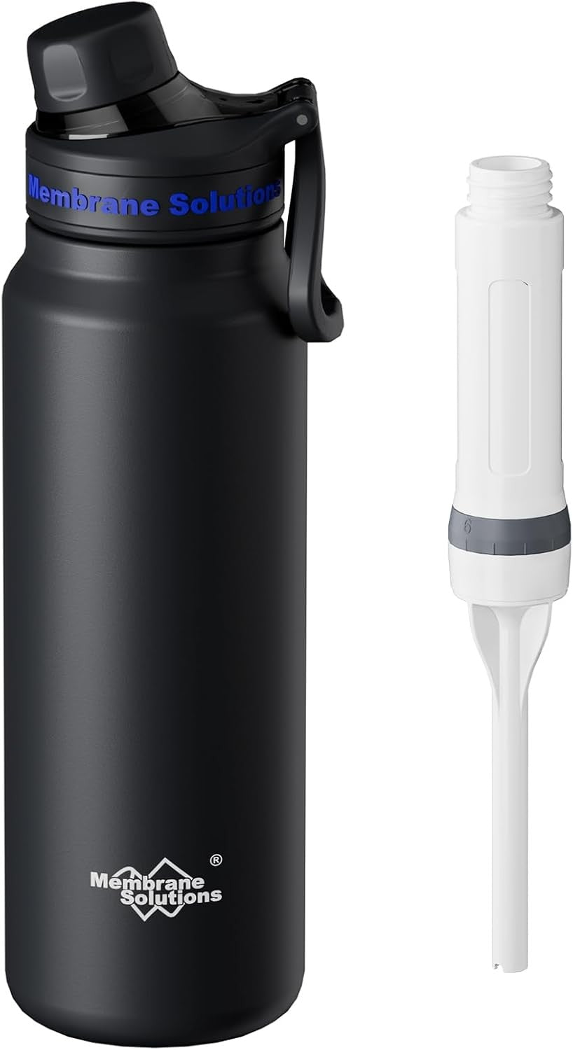 Black 32oz filtered water bottle with removable filter cartridge, stainless steel body
