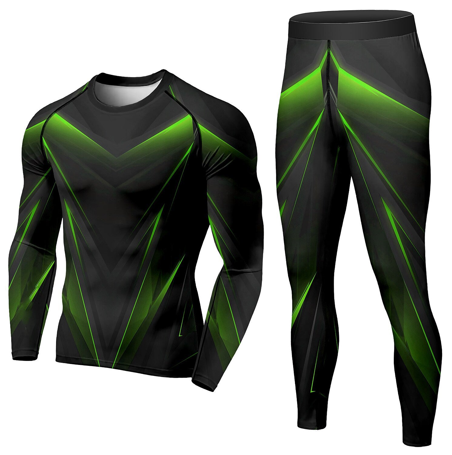 Men's black long-sleeve compression top and leggings set with green geometric accents