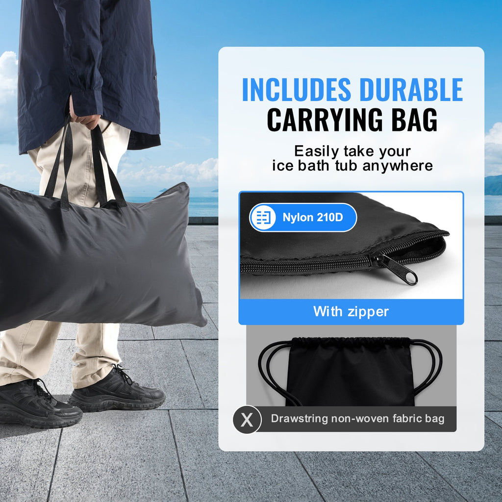 Black inflatable ice bath tub with included zip carrying bag for transport