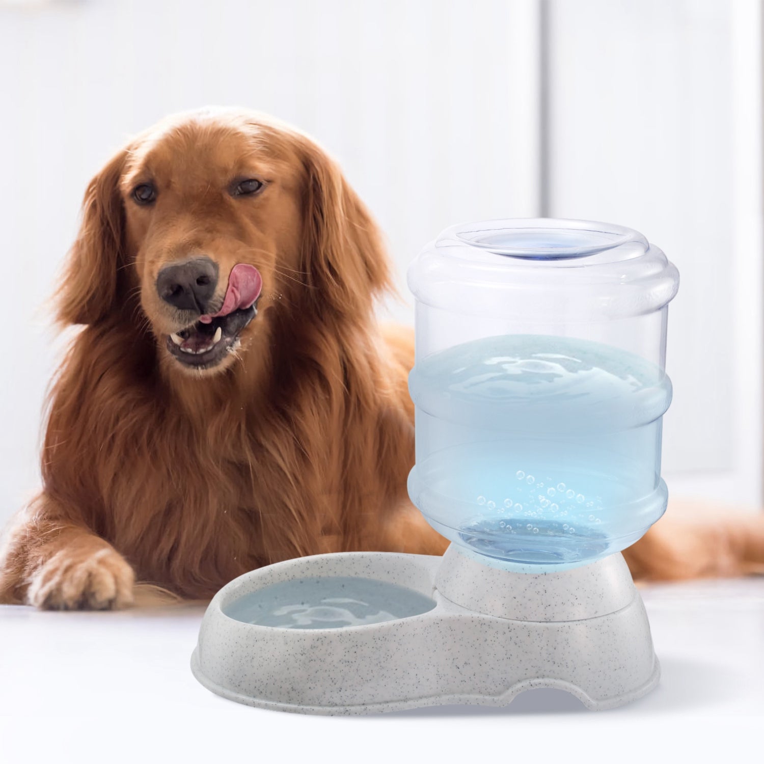 Pet gravity water dispenser with clear barrel and light gray speckled base for dogs and cats