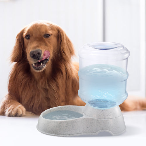 Pet gravity water dispenser with clear barrel and light gray speckled base for dogs and cats