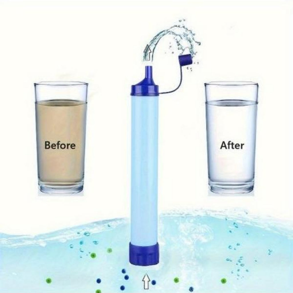 Blue portable water purifier with hose connected to a cup, showing clearer water flow.