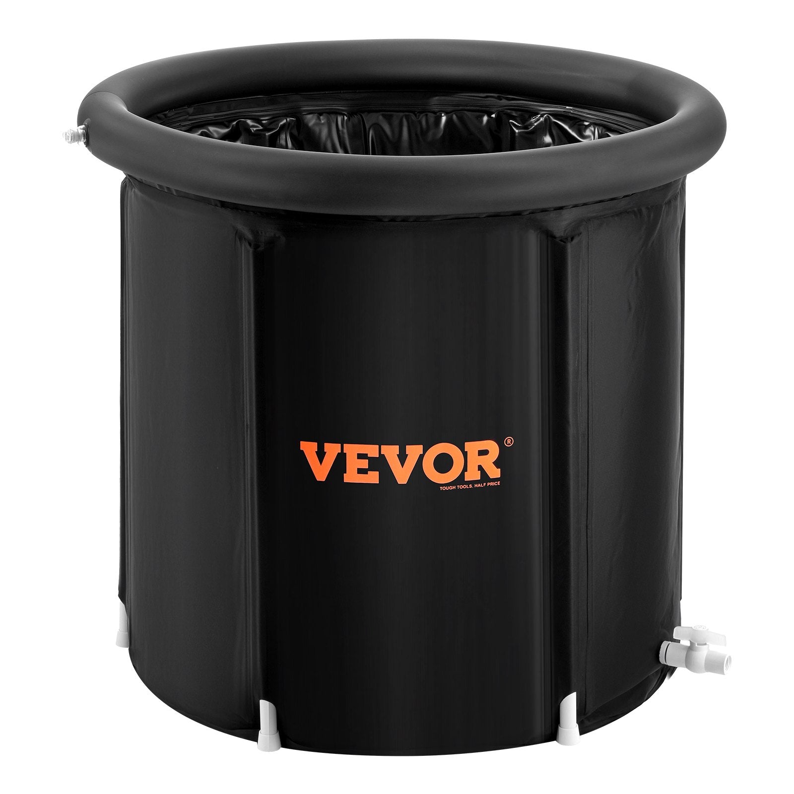 Black inflatable ice bath tub front view with open top, drain valve and support feet