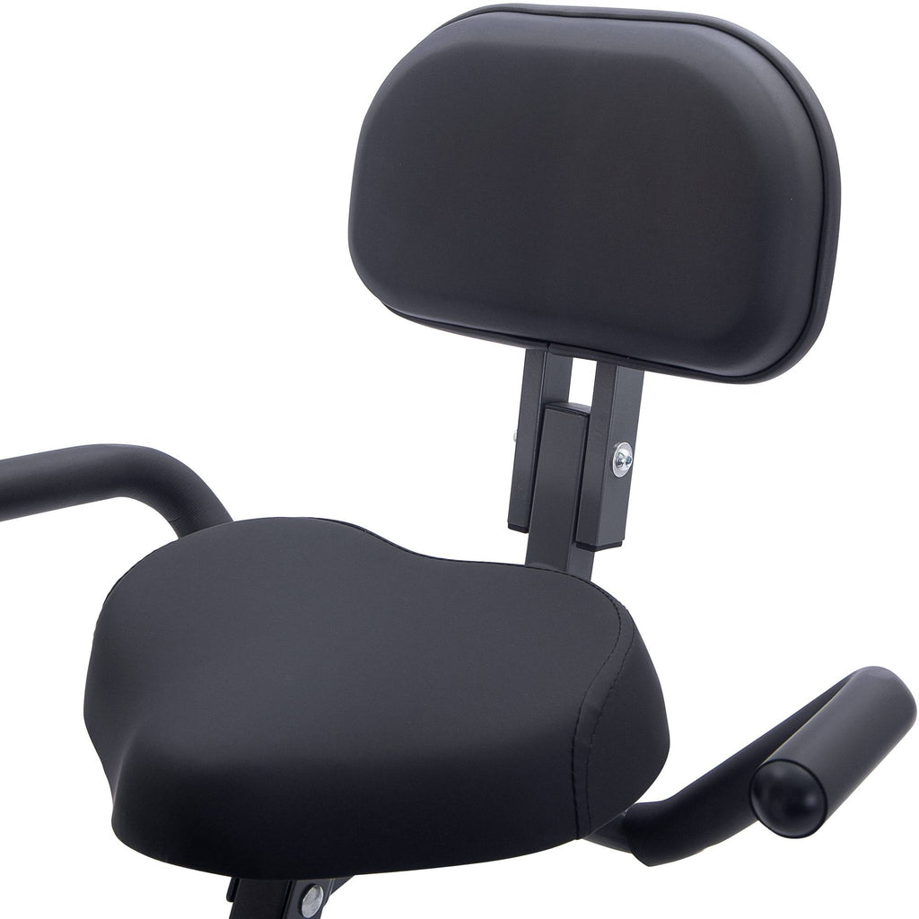 Folding exercise bike black cushioned seat and backrest with armrest grips