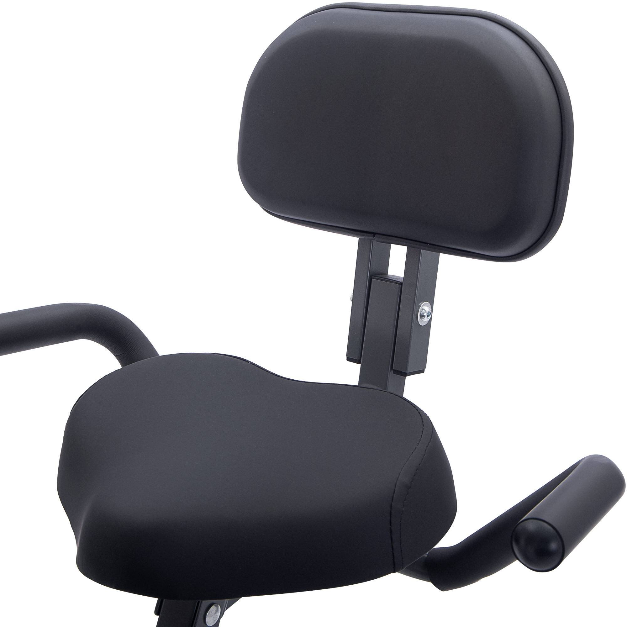 Folding exercise bike black cushioned seat and backrest with armrest grips