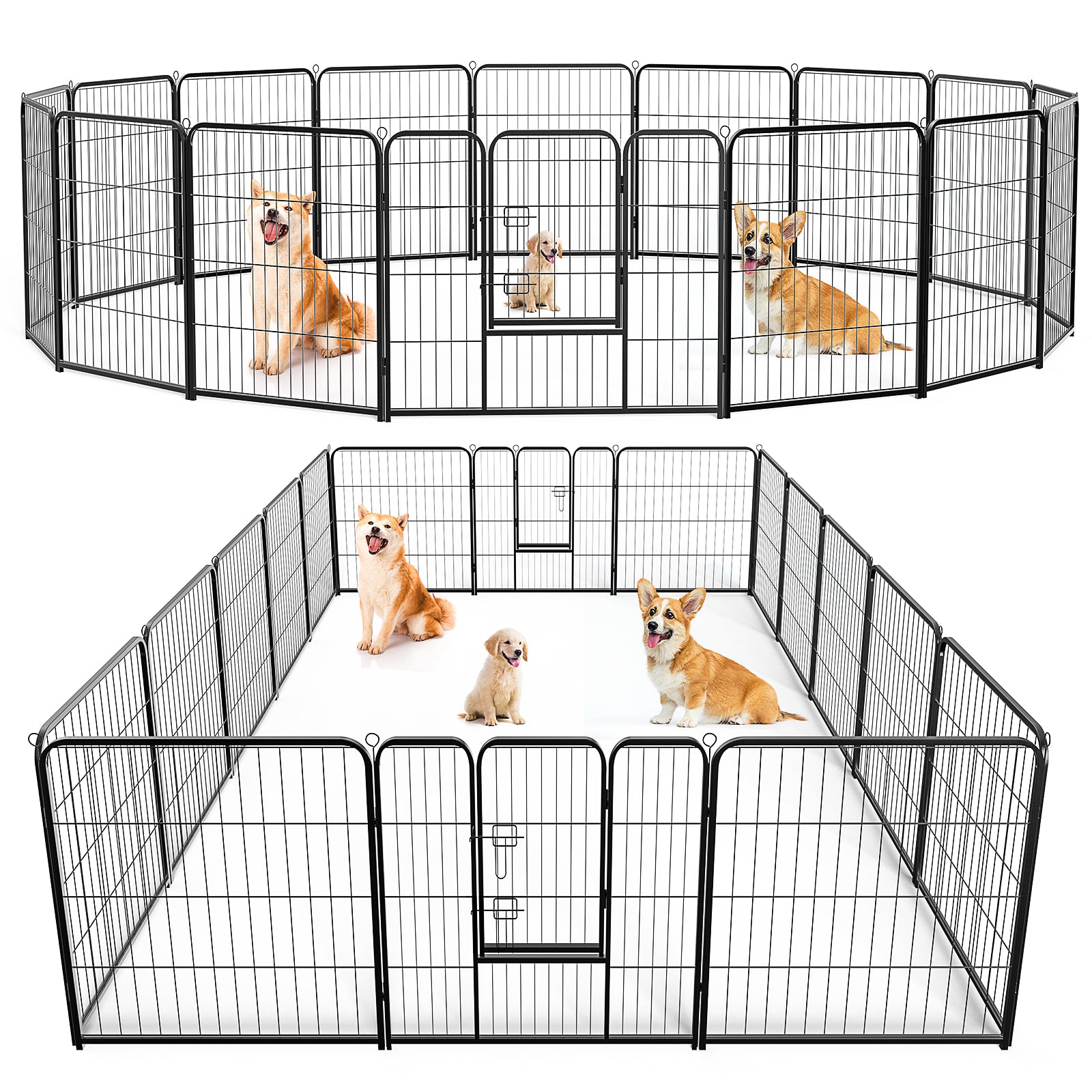 8-panel indoor dog playpen enclosure with single door, showing connected wire panels