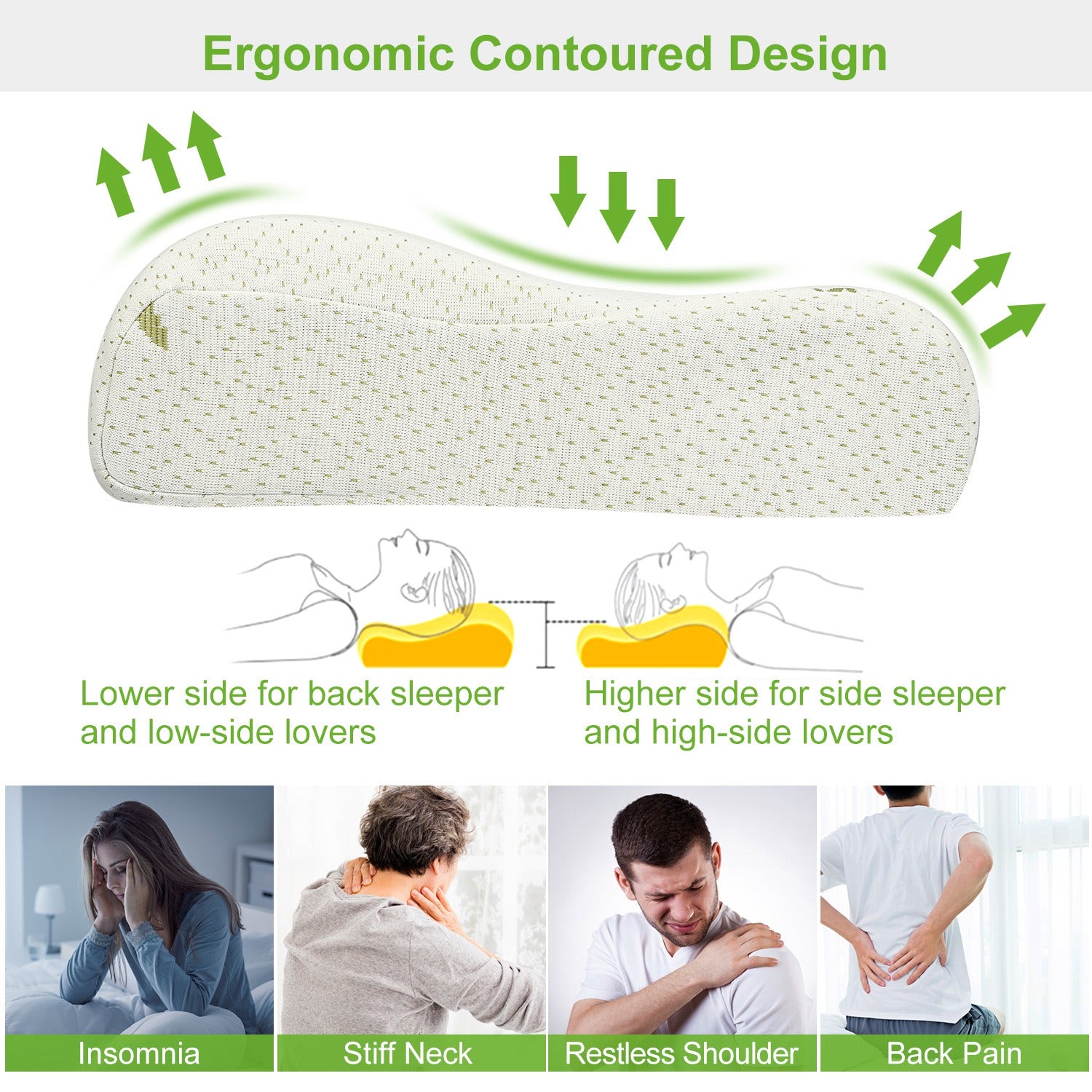 Ergonomic contoured neck support pillow profile in light beige with green print