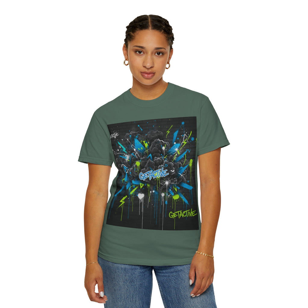 Pepper green crewneck graphic tee featuring square neon blast artwork and “GETACTIVE” logo