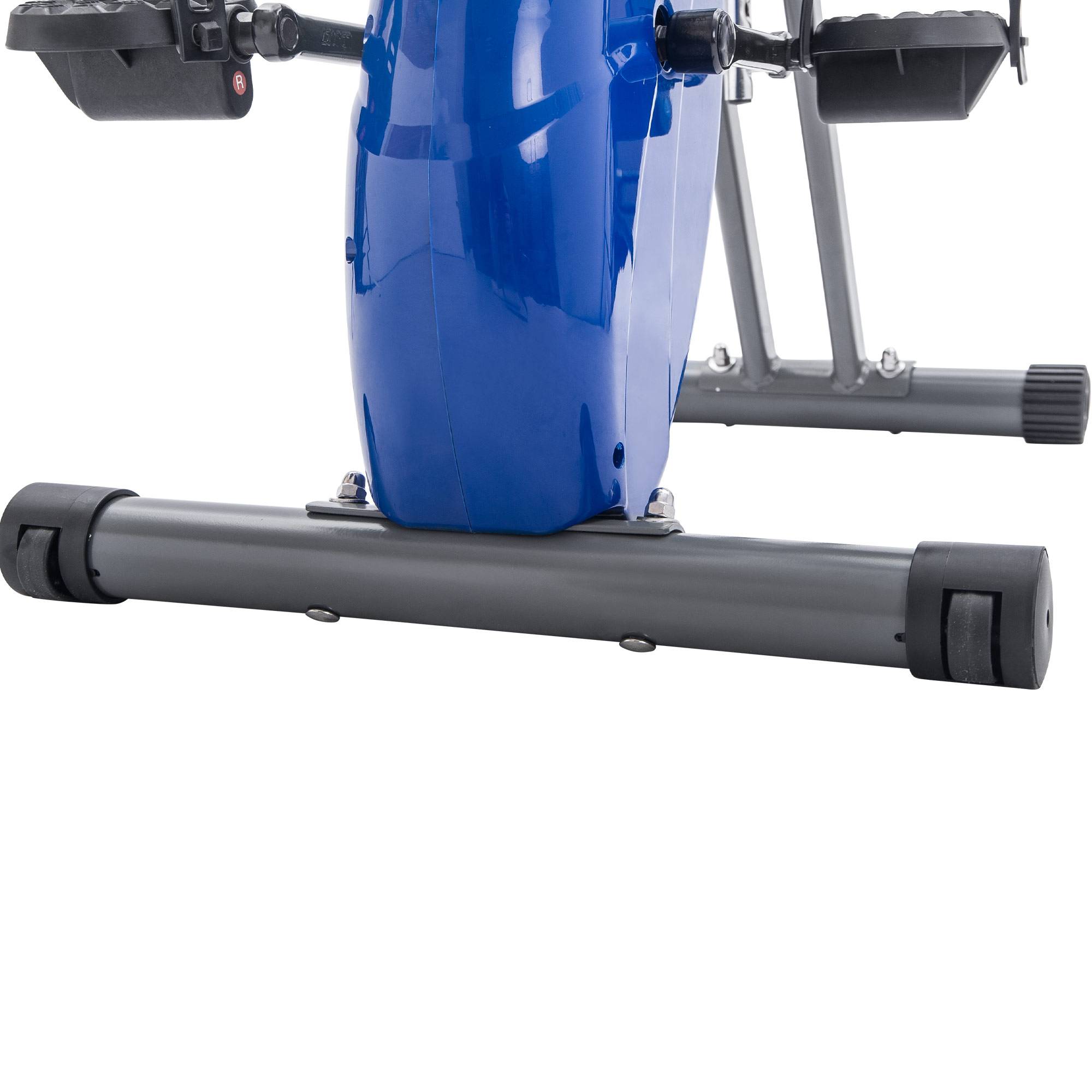 Blue exercise bike frame base with gray stabilizer rails