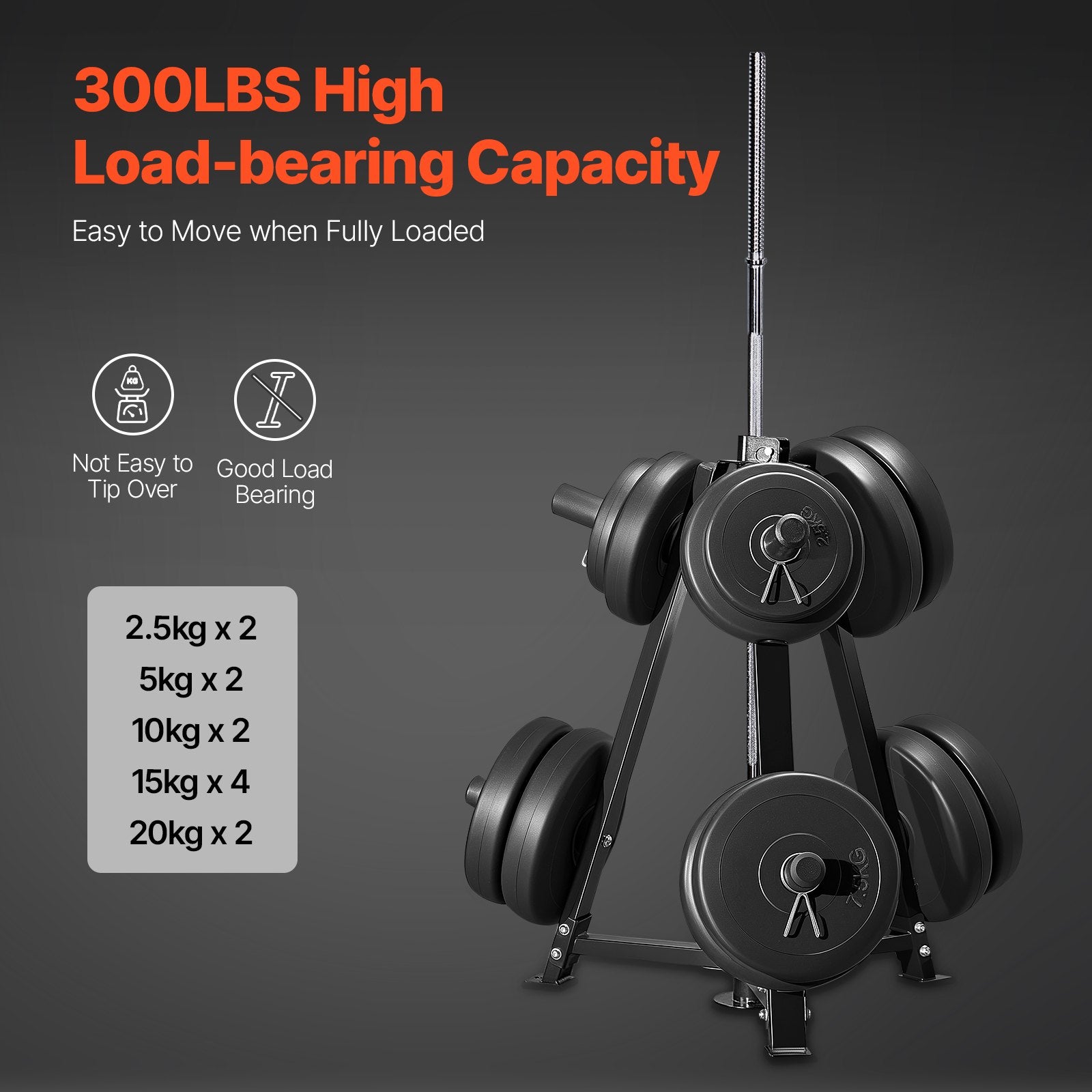Black weight plate rack holding stacked weight plates on side pegs