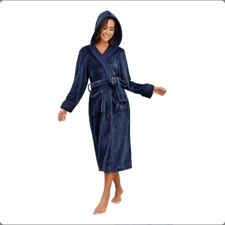 Oversized hooded bathrobe in dark blue plush flannel with tie belt and pockets