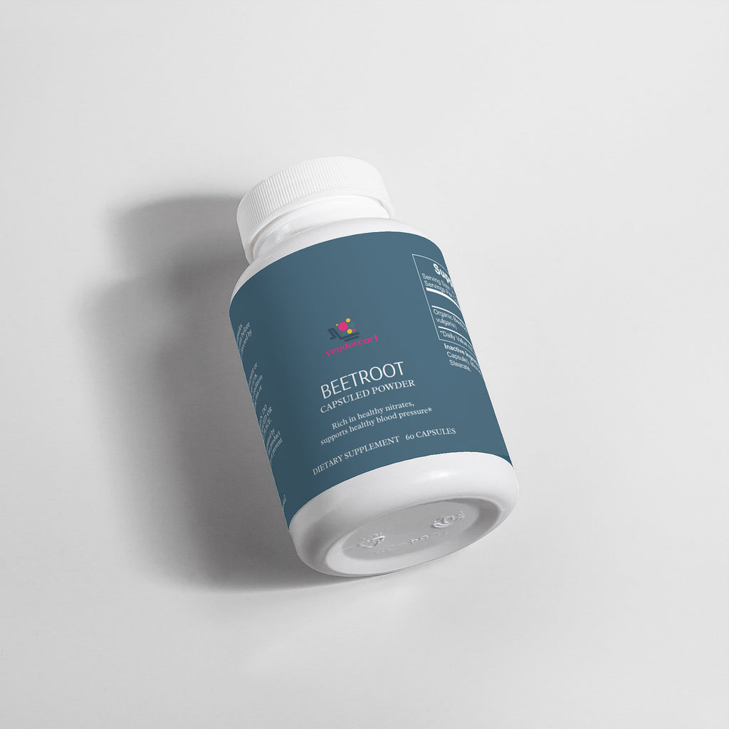 Beetroot capsuled powder bottle angled view with white cap