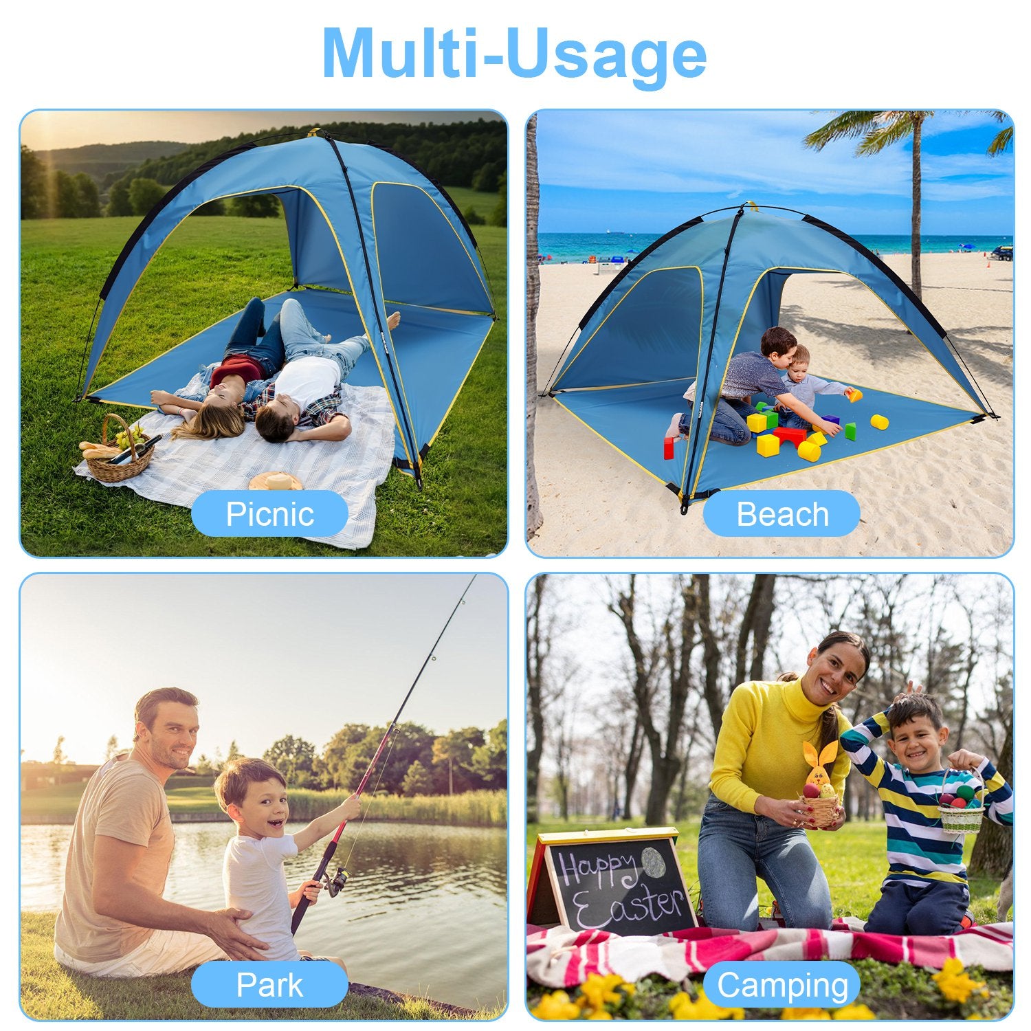 Blue beach tent canopy with open side doors for picnic, beach, park, and camping use.