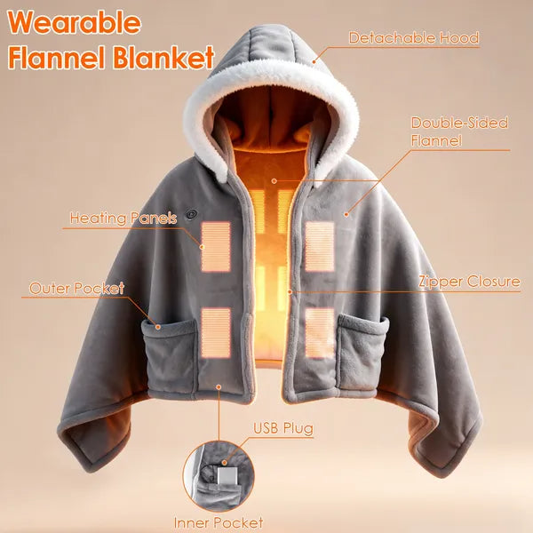 Grey hooded heated throw blanket front view with zipper, pockets, and heating panels