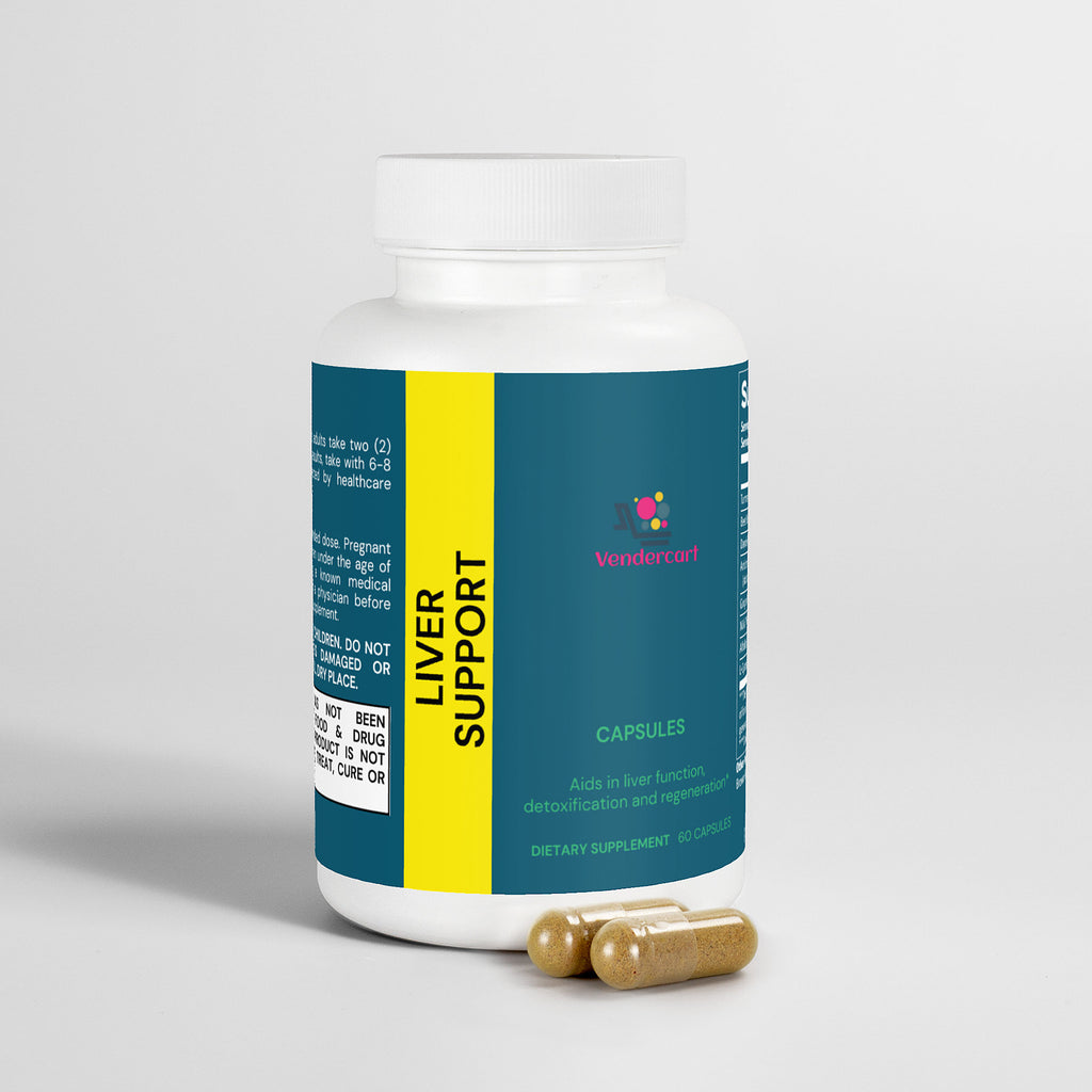 Liver support supplement bottle with 60 capsules and gold herbal supplements on the side