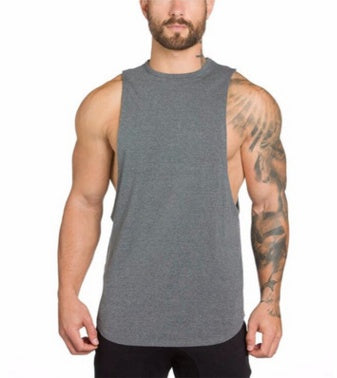 Men's heather gray sleeveless muscle tank top with crew neck