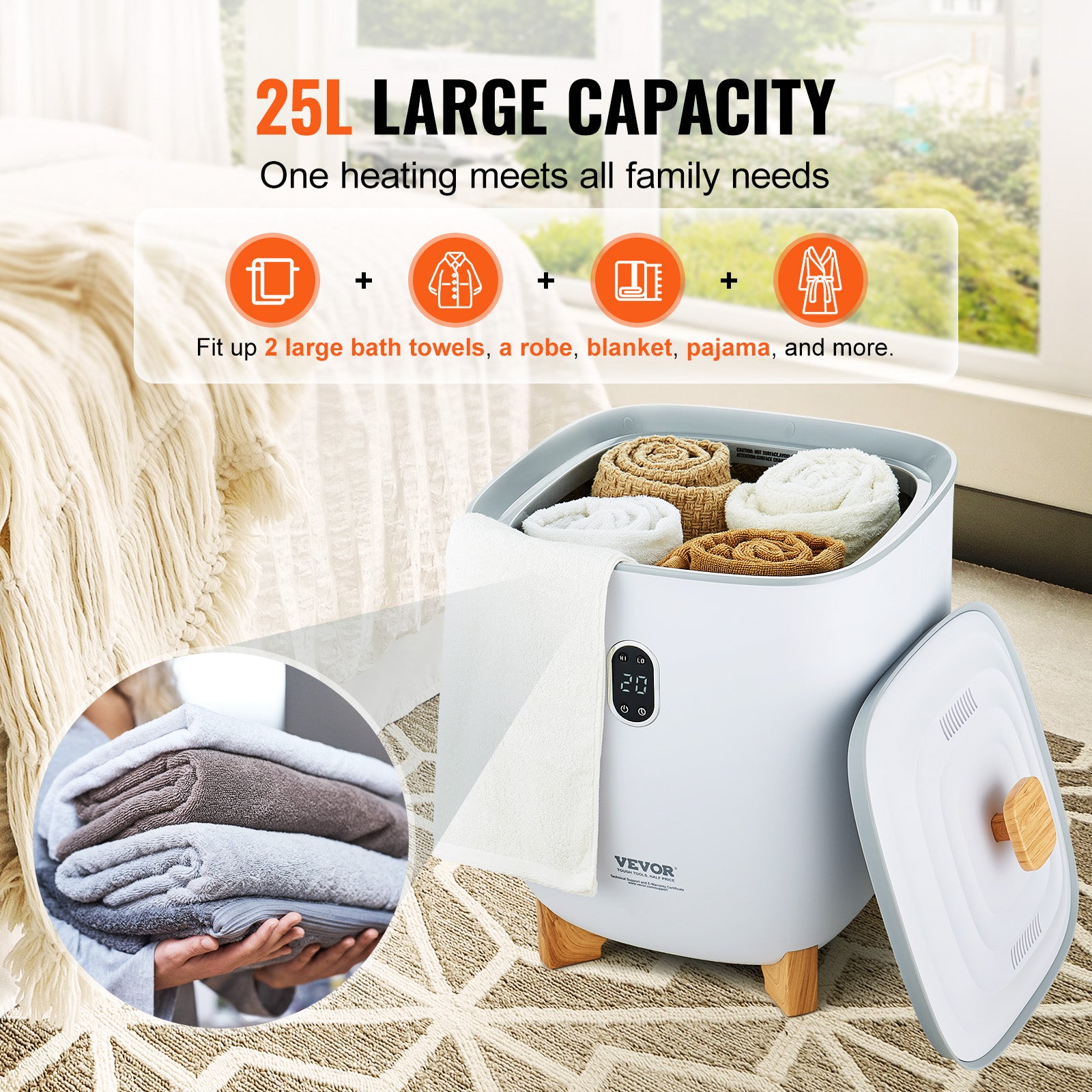 White 25L towel warmer bucket with open lid, holding folded towels