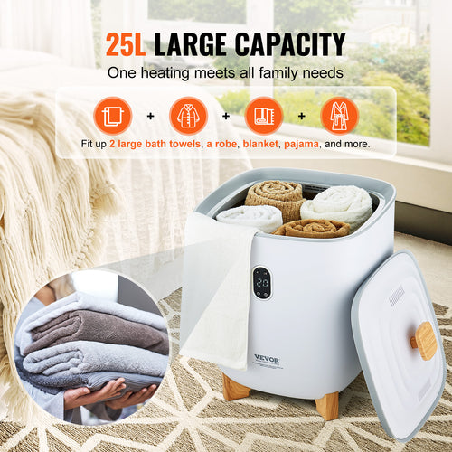 White 25L towel warmer bucket with open lid, holding folded towels