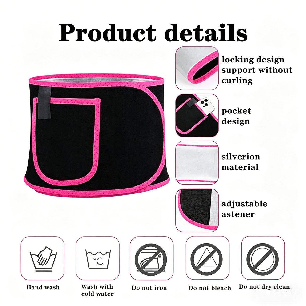 Black waist trimmer belt with pink trim, front pocket, adjustable side fastener