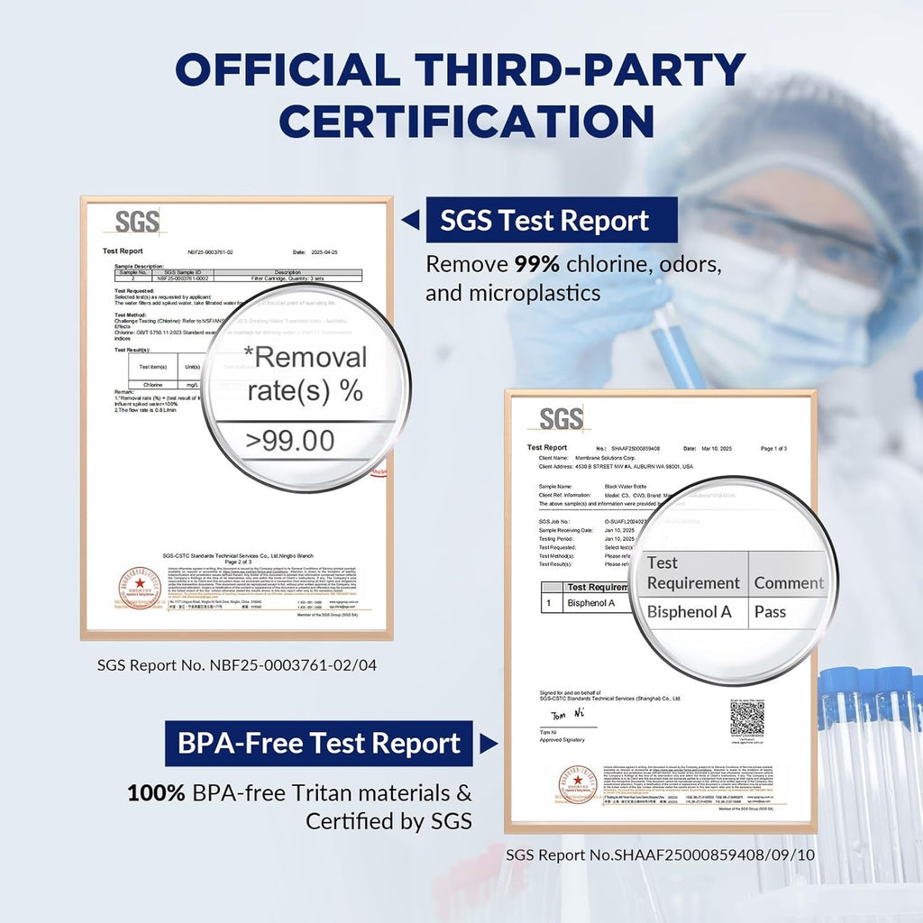 Water filter testing reports with circled results, BPA-free and certification documents