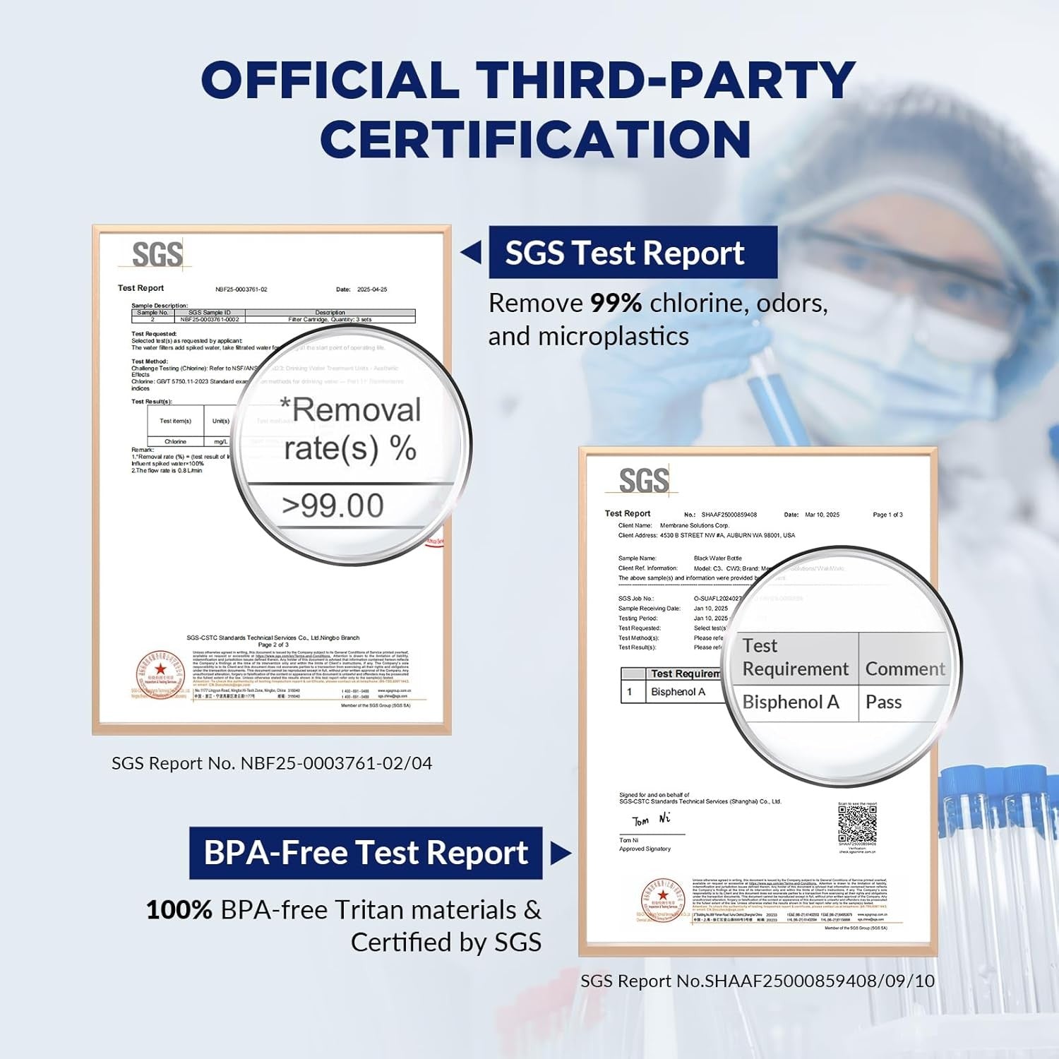 Water filter testing reports with circled results, BPA-free and certification documents
