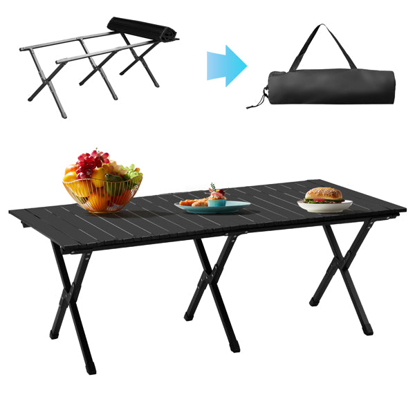 Black foldable camping roll table with carry bag and folded tabletop frame
