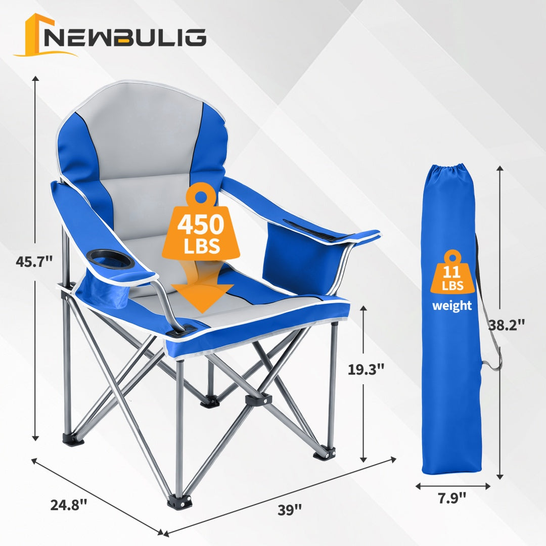 Oversized camping folding chair with blue seat, black armrests, and blue carry bag