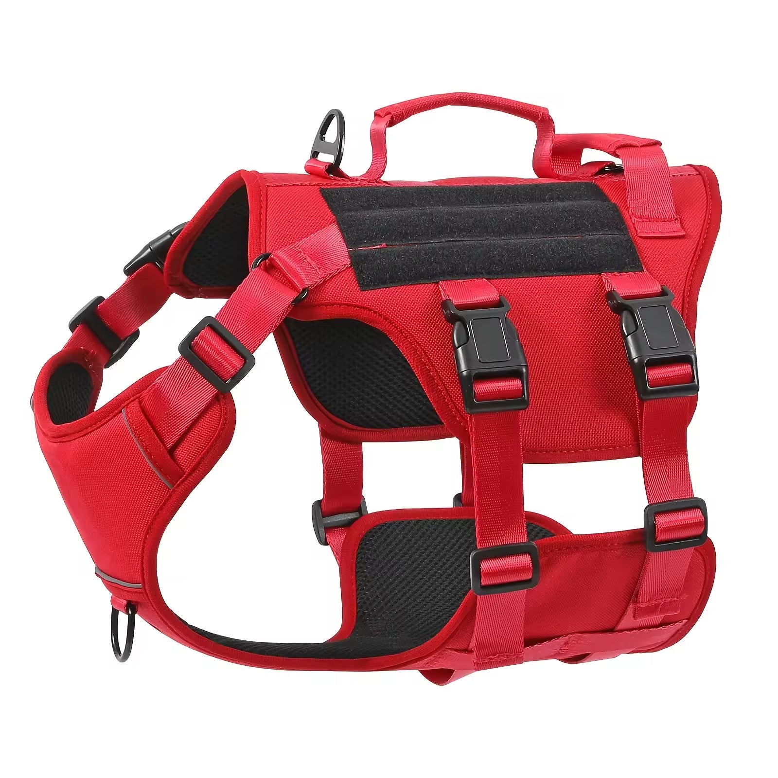 Red tactical no-pull dog harness vest with front and back buckles