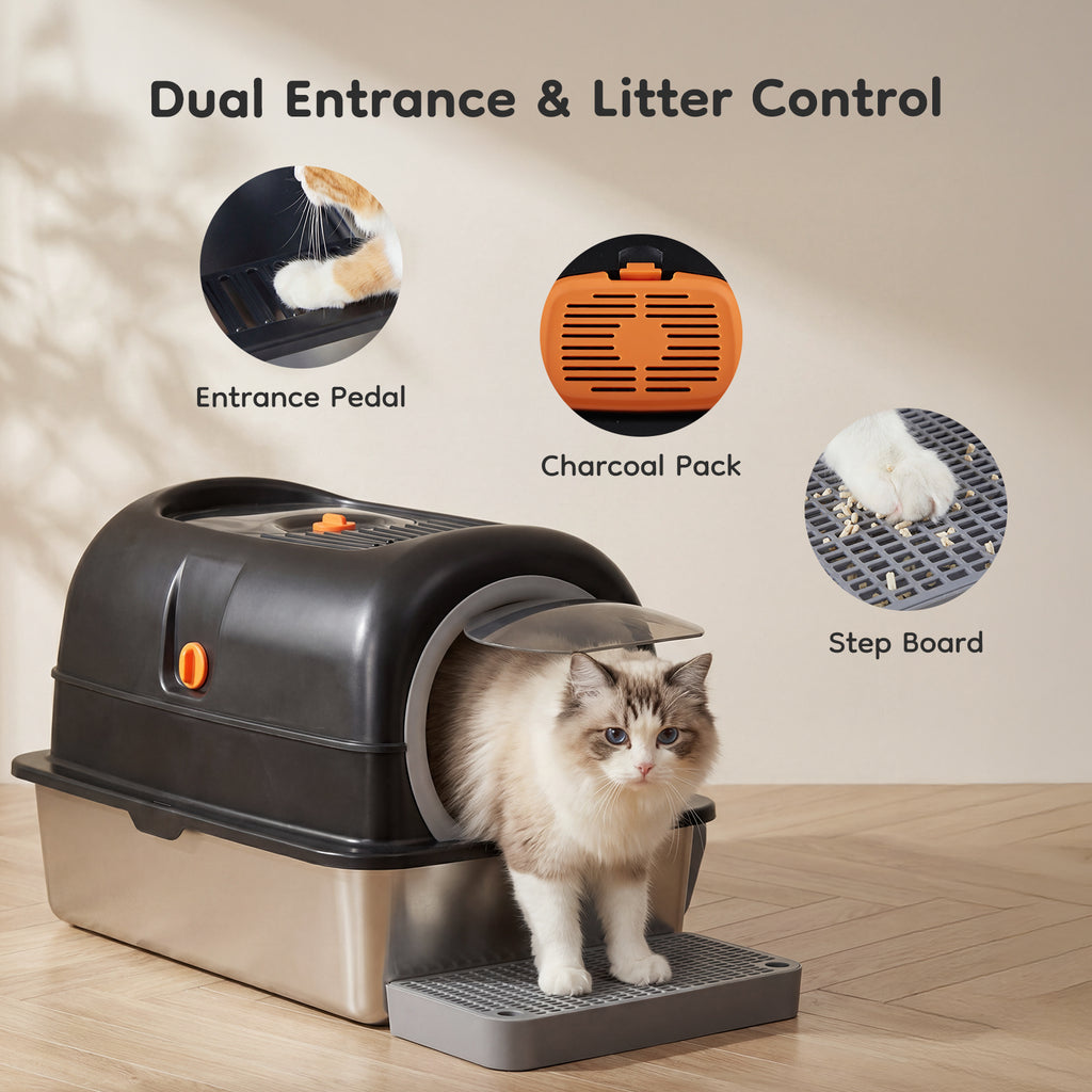 Double-entry cat litter box with dark gray hood, dual door areas, and step board