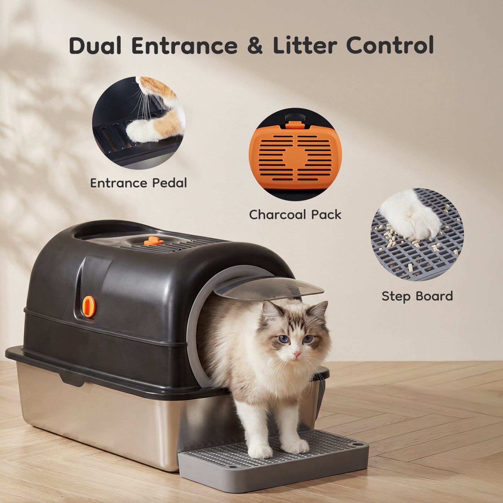 Double-entry cat litter box with dark gray hood, dual door areas, and step board