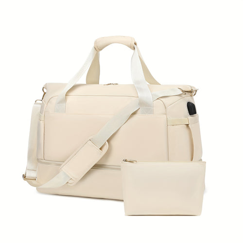 Beige gym and travel duffel bag with shoulder strap and zippered front pocket
