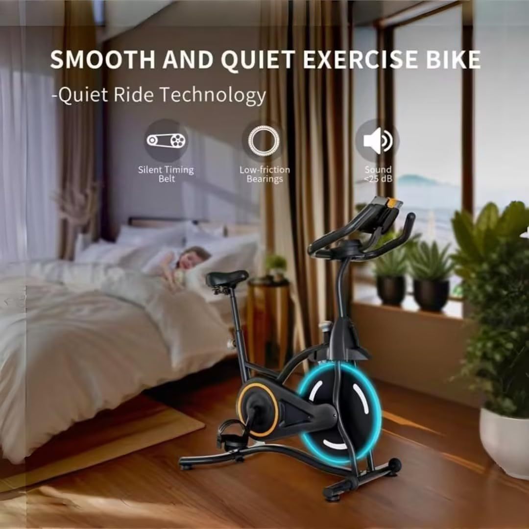 Black exercise spin bike showing quiet belt drive and low-noise design cues.
