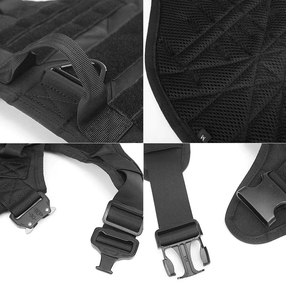 Black tactical dog harness close-up: reinforced webbing, buckles, and breathable mesh lining
