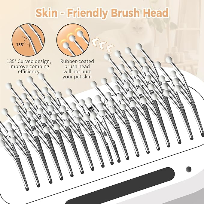 Close-up of metal pin bristles on white brush head with rubber-coated tips