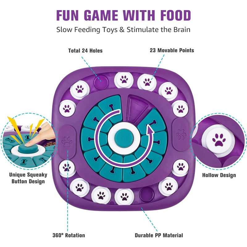 Purple puzzle feeder showing teal bone tiles, center bowl, and paw pawprint buttons