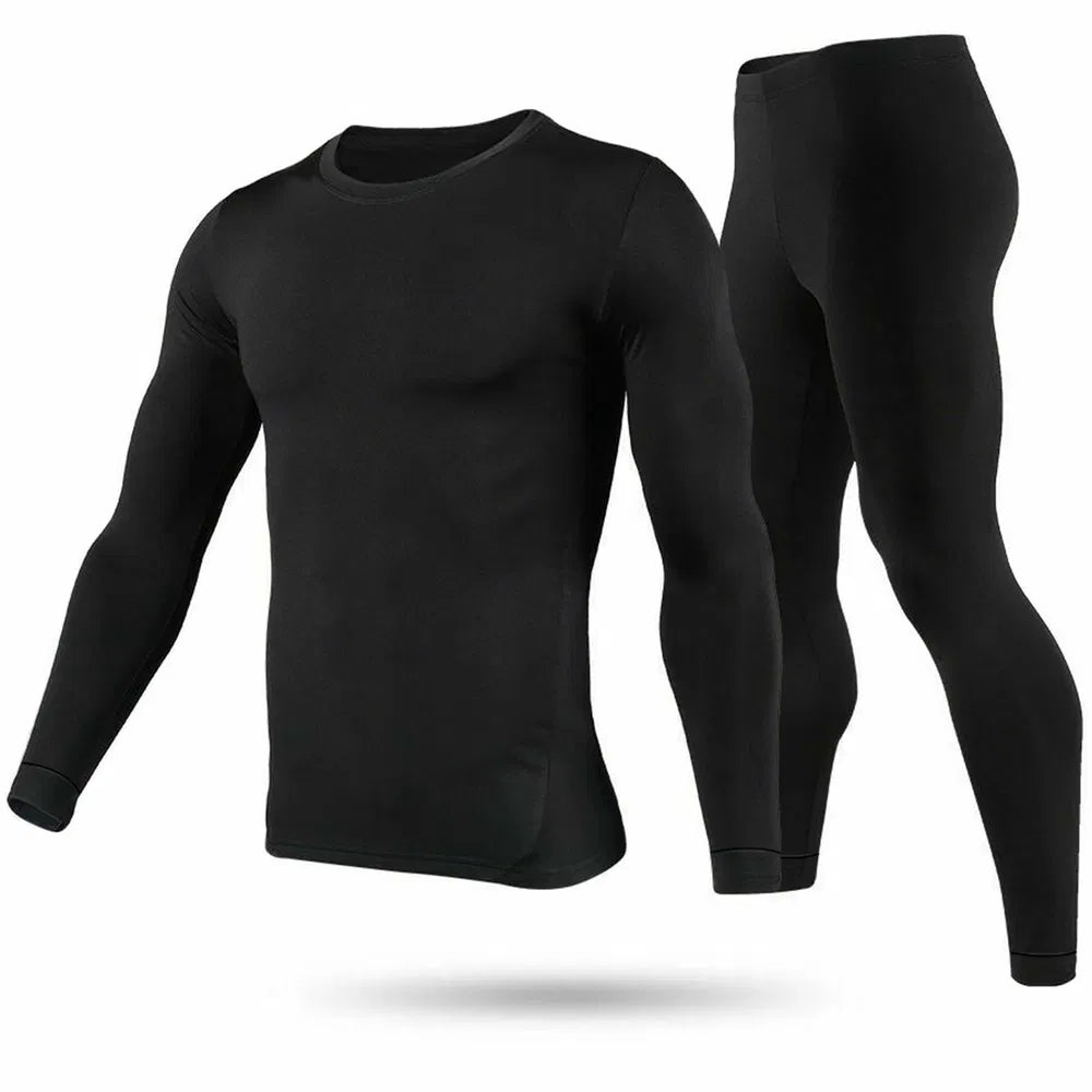 Black men's thermal base layer set with long-sleeve crew top and matching leggings