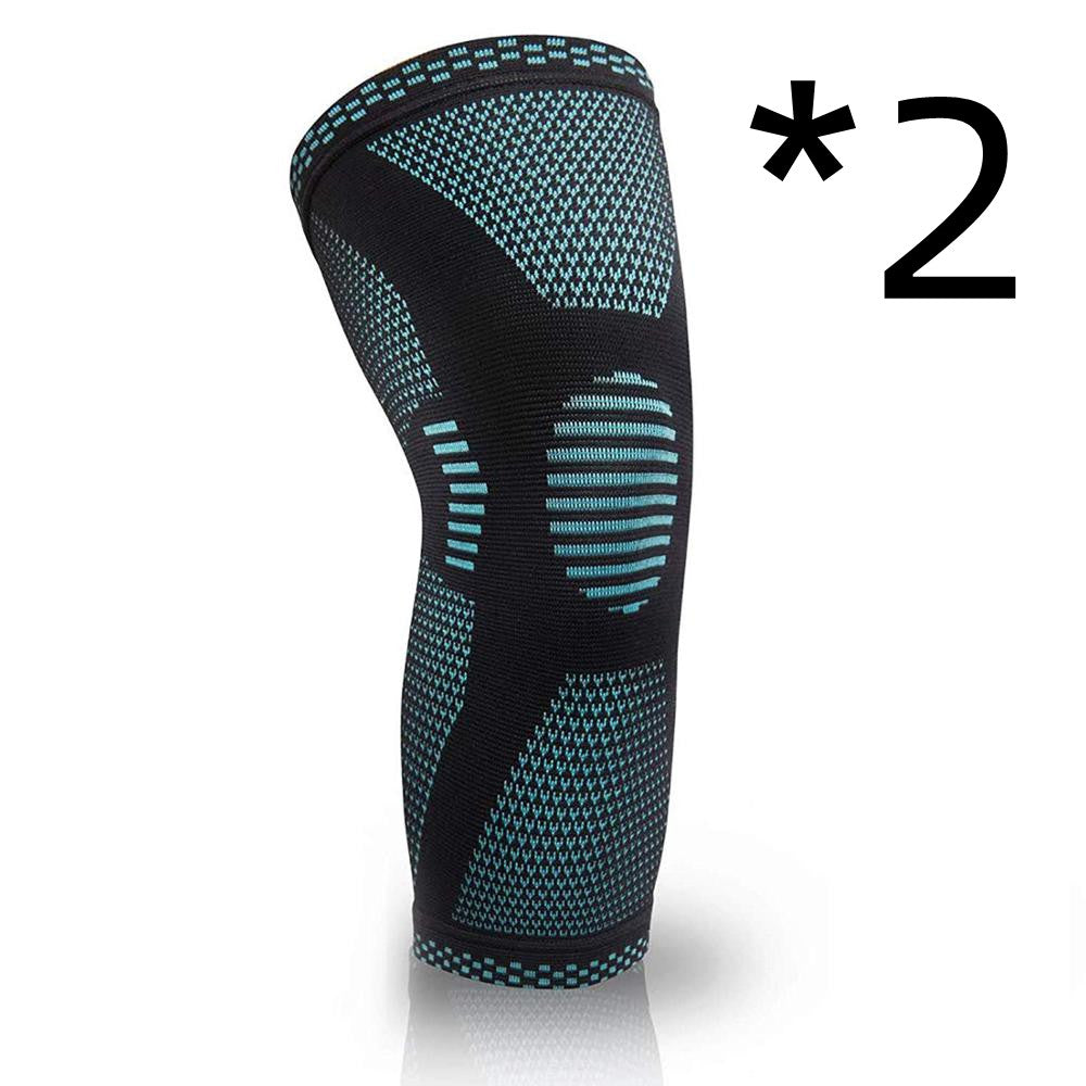 Black knee compression sleeve with teal knit panels and ribbed support lines