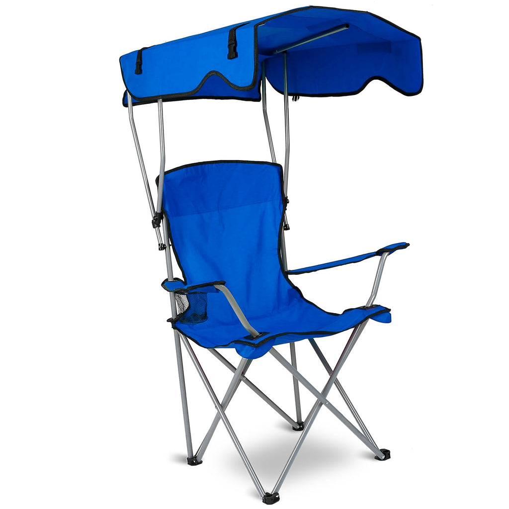 Blue foldable camping chair with canopy and padded seat, front view