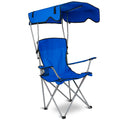Blue foldable camping chair with canopy and padded seat, front view