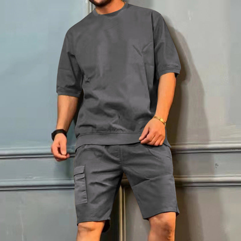 Men's dark grey short-sleeve shirt and knee-length shorts set