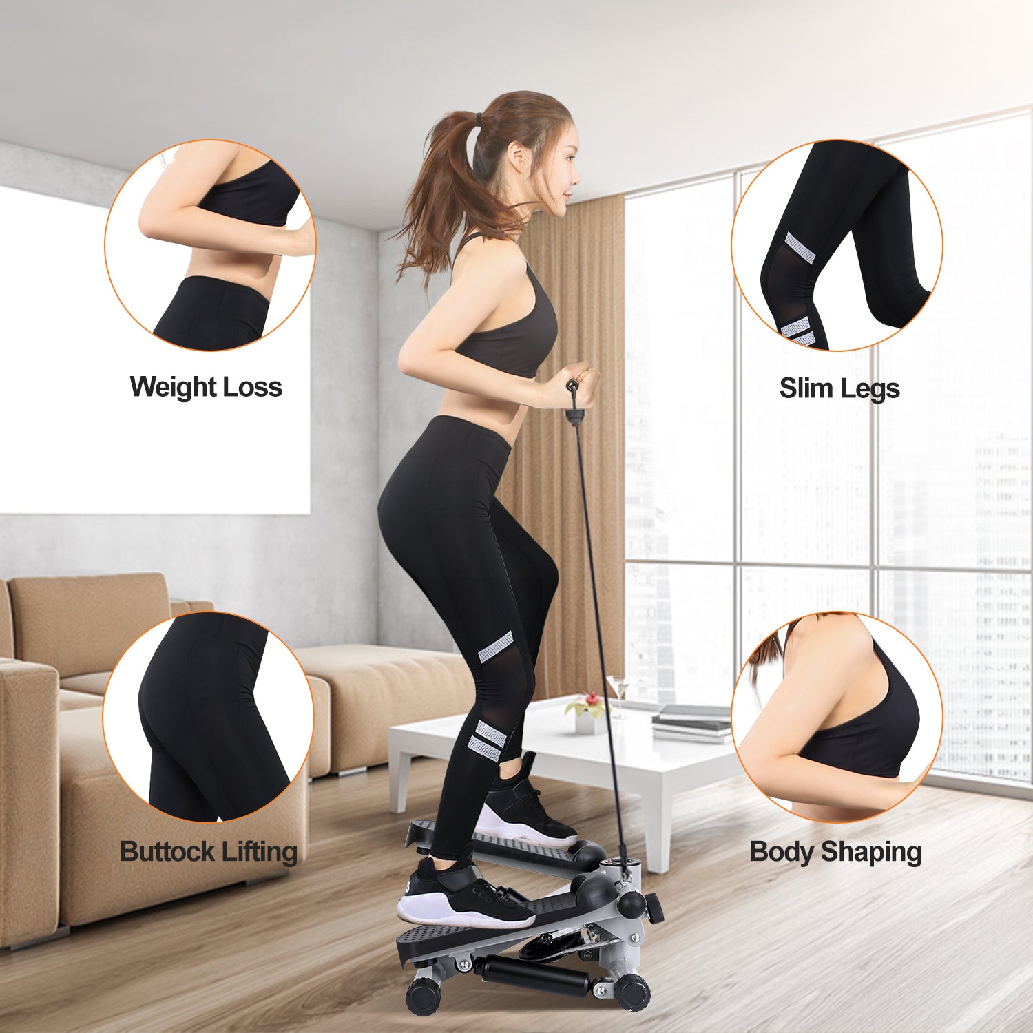 Mini fitness stepper with LCD, black step pads, and attached resistance bands for legs
