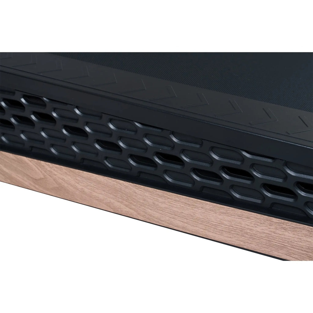 Treadmill running deck side vent panel, black textured strip with wood underside
