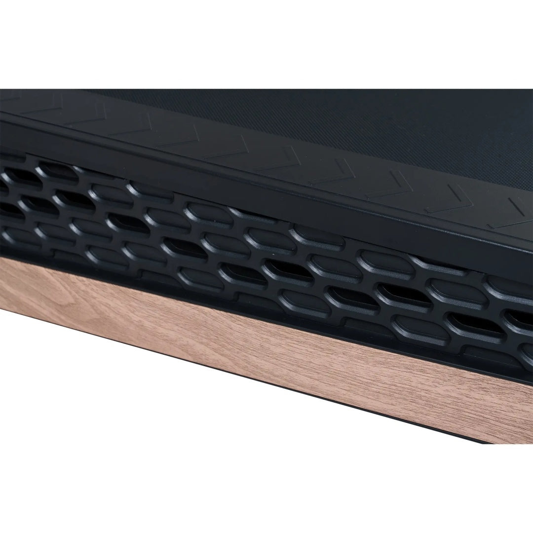 Treadmill running deck side vent panel, black textured strip with wood underside