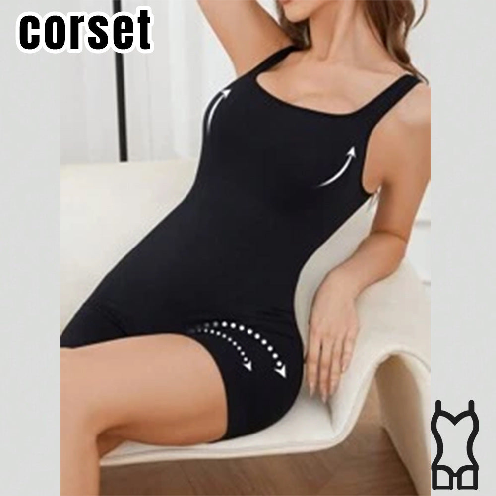 Black sleeveless bodysuit with scoop neckline and short legs, smoothing contour fit